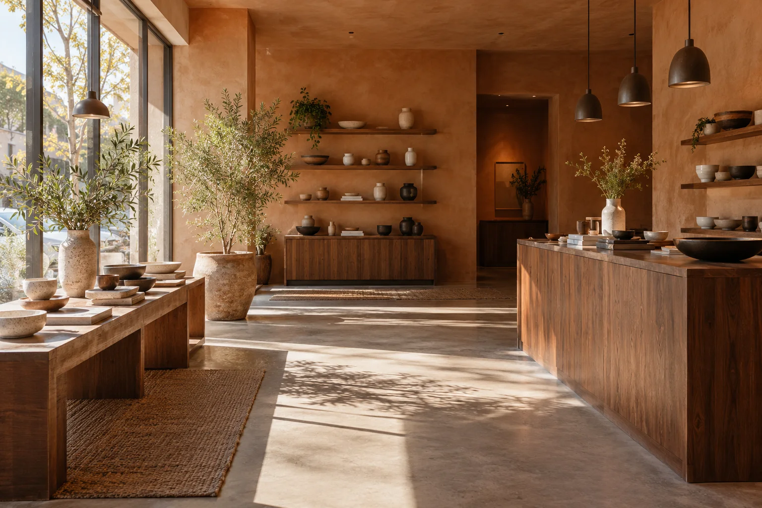 Illustrative boutique with terracotta walls and ceramic displays.